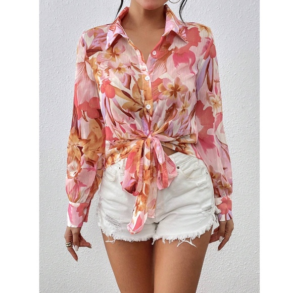 Floral Print Sheer Tie Front Long Sleeve Button Down Crop Shirt Lurex Glitter - Picture 3 of 9